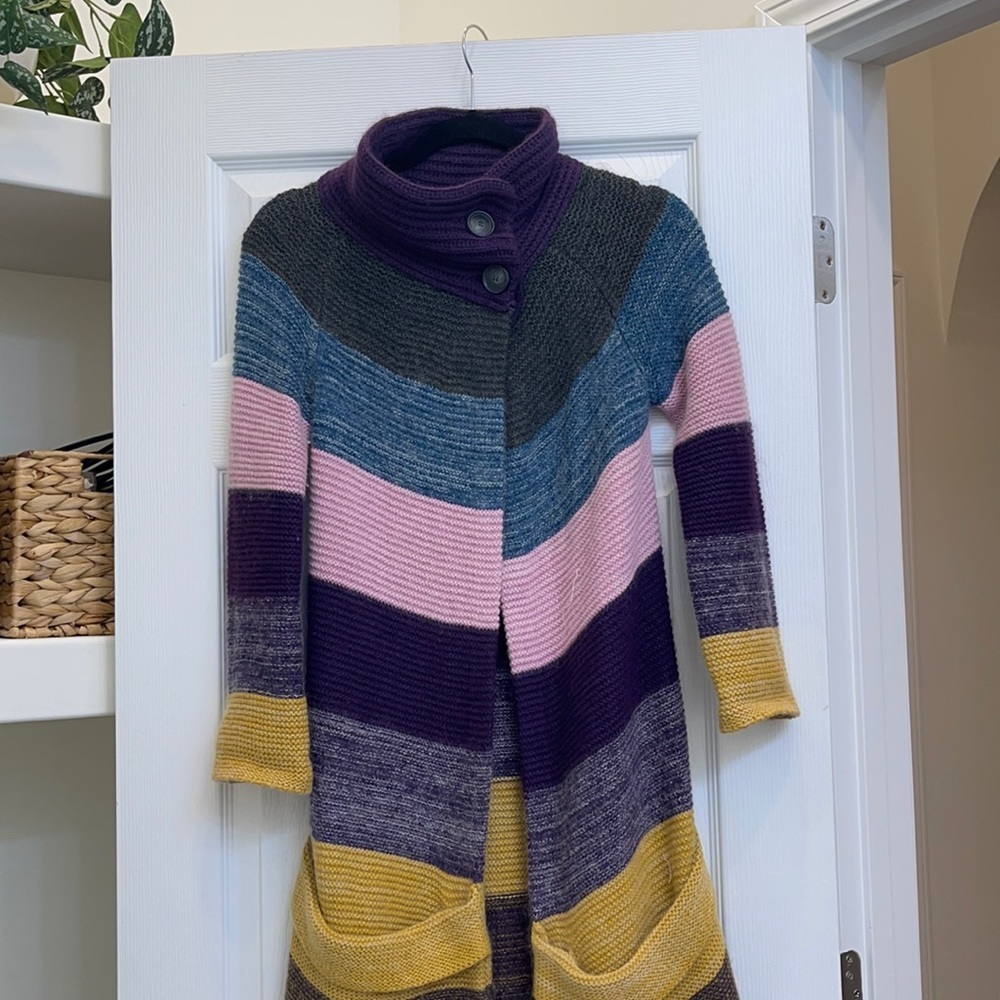 Theory Floriane Land Long Multi Color Knit Stripped Long Cardigan